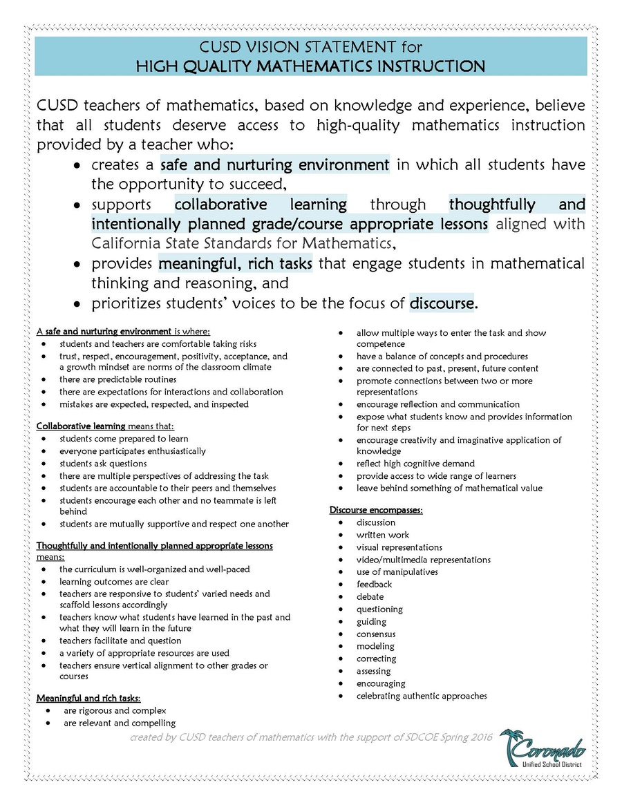 CUSD Vision Statement for Mathematics Instruction